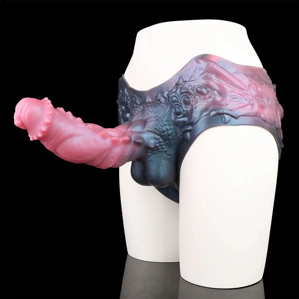 Pink and dark dragon print harness pants strap-on dildo, photo 1