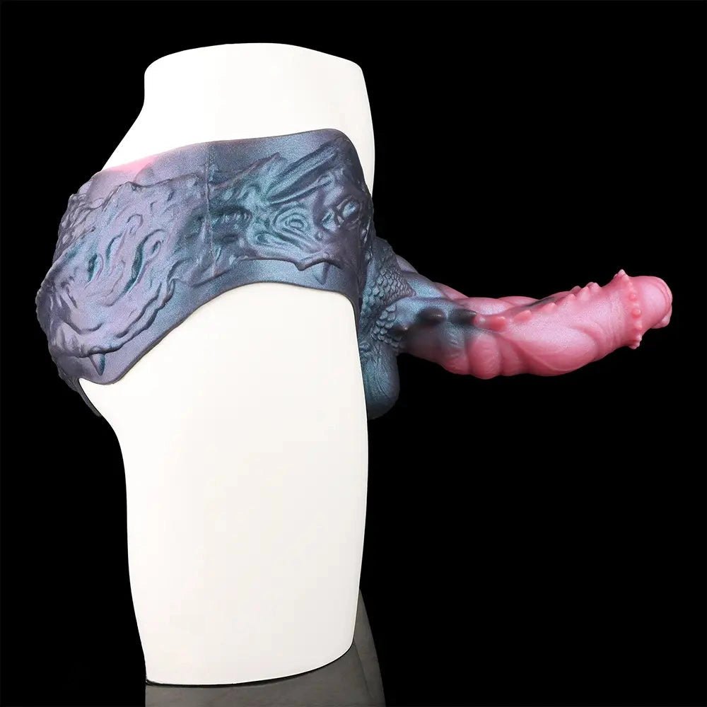 Pink and dark dragon print harness pants strap-on dildo, photo 2