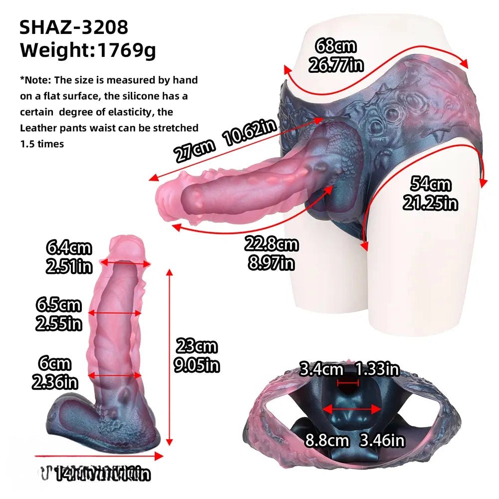 Pink and dark dragon print harness pants strap-on dildo, photo 9