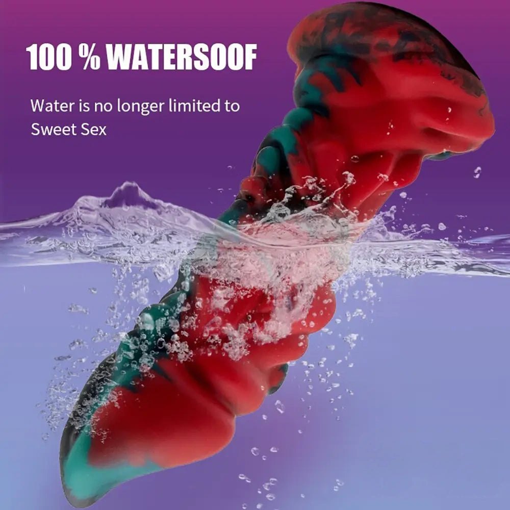 Dragon knot textured fantasy dildo with colorful swirl finish, photo 4
