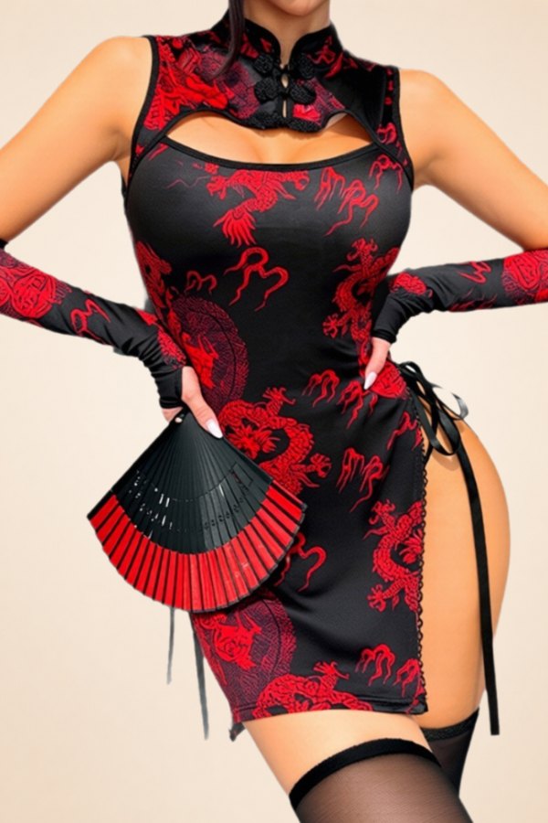 Black (no Stockings) dragon print side tie cheongsam dress