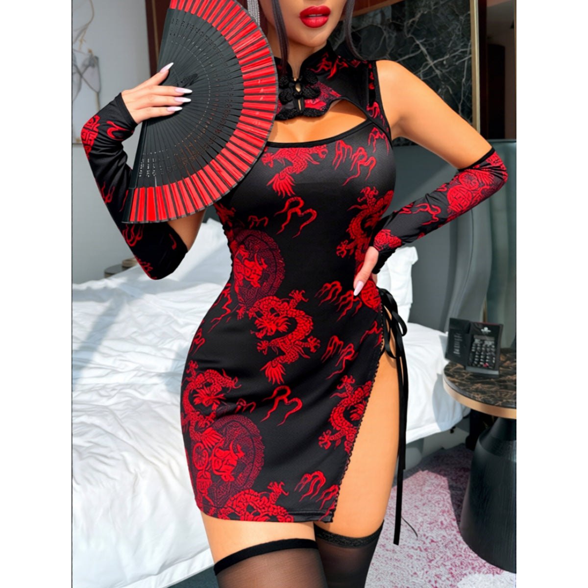 Dragon print side tie cheongsam dress, photo 2