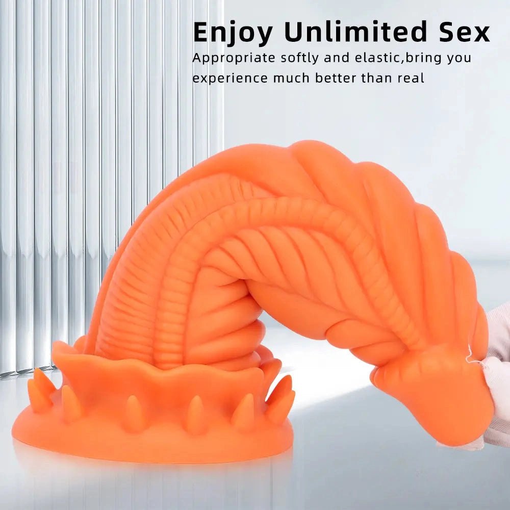 Coiled scaled fantasy silicone dildo with ridged base, photo 6