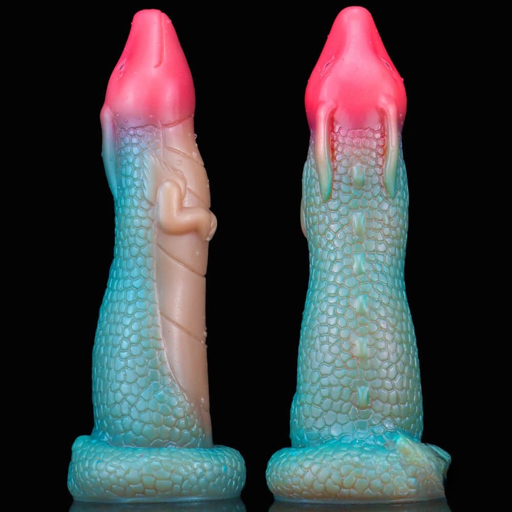 Green to pink ombre dragon scale fantasy dildo, photo 4