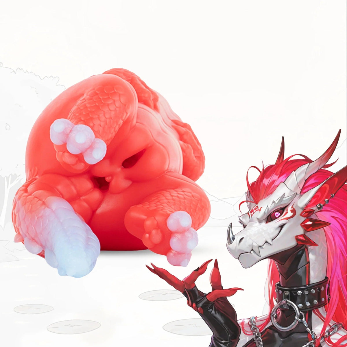 Coral red dragon fantasy masturbator with lavender white tail and scaled wings, photo 1