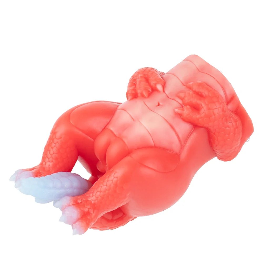 Coral red dragon fantasy masturbator with lavender white tail and scaled wings, photo 10
