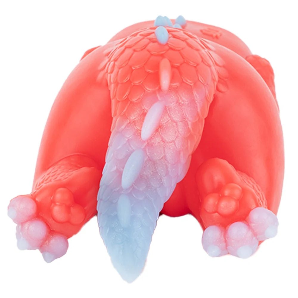 Coral red dragon fantasy masturbator with lavender white tail and scaled wings, photo 11