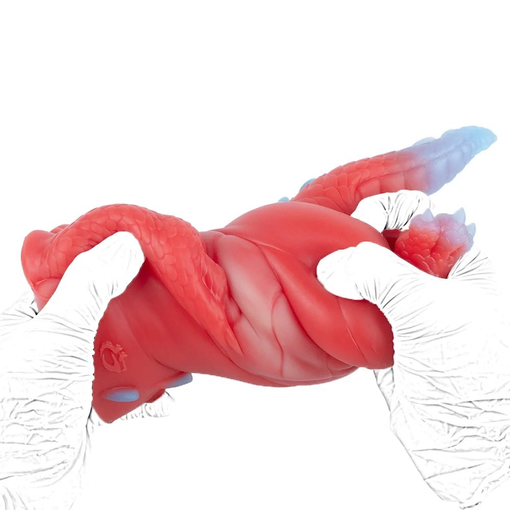 Coral red dragon fantasy masturbator with lavender white tail and scaled wings, photo 12