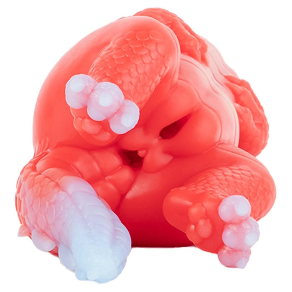 Coral red dragon fantasy masturbator with lavender white tail and scaled wings, photo 2