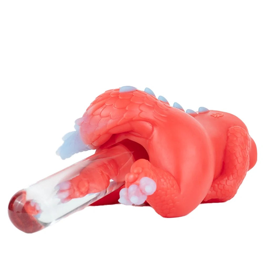 Coral red dragon fantasy masturbator with lavender white tail and scaled wings, photo 3
