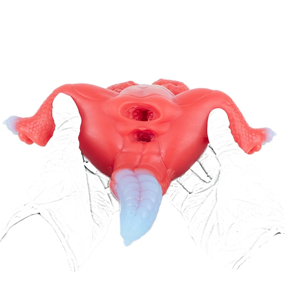 Coral red dragon fantasy masturbator with lavender white tail and scaled wings, photo 5