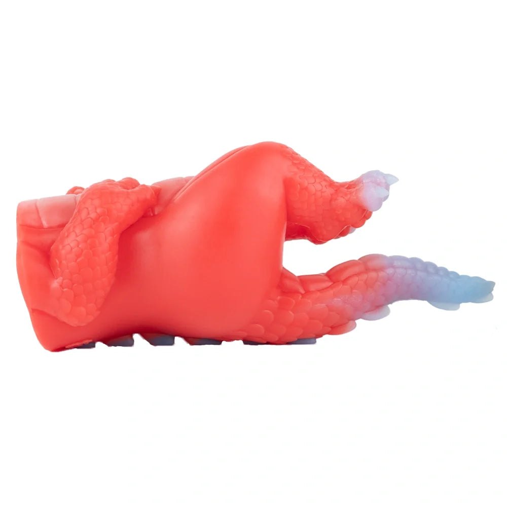 Coral red dragon fantasy masturbator with lavender white tail and scaled wings, photo 6