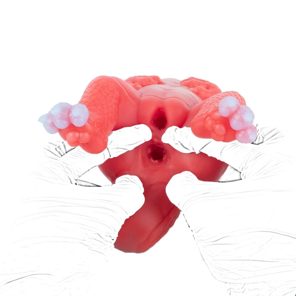 Coral red dragon fantasy masturbator with lavender white tail and scaled wings, photo 9