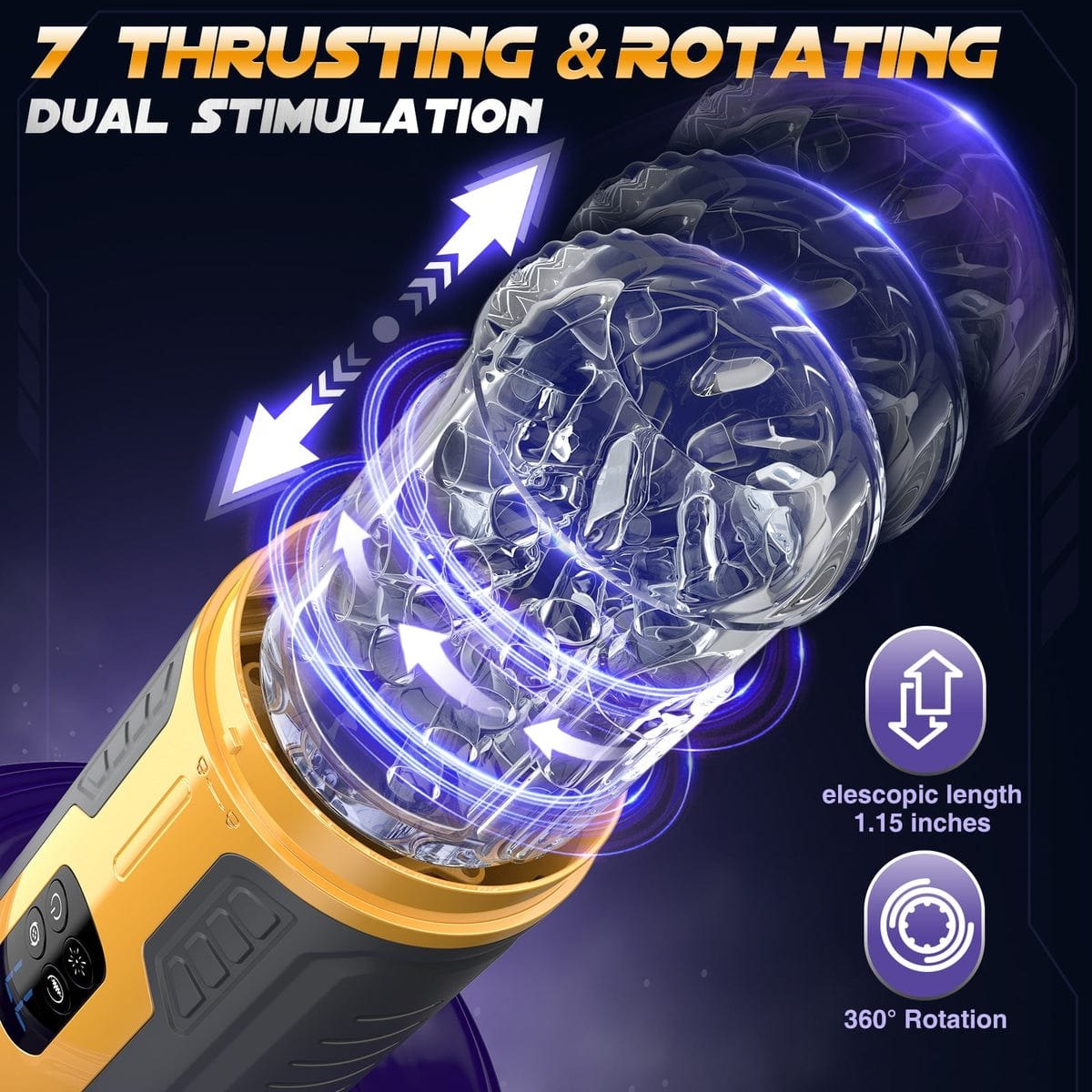 Yellow and black thrusting rotating vibrating masturbator, photo 6