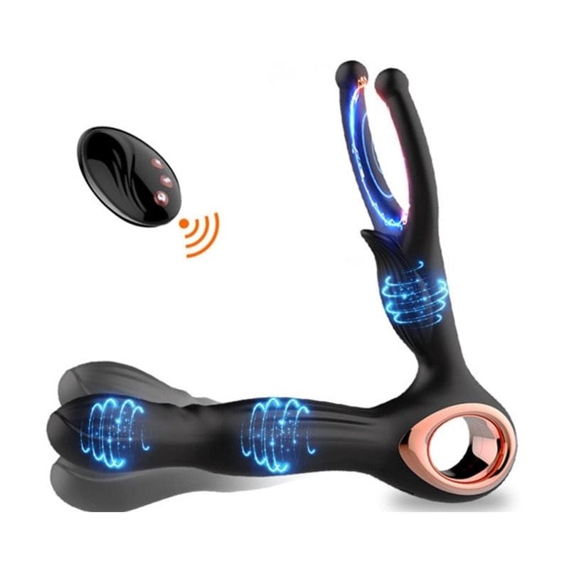 Black silicone dual-arm prostate massager with cock ring, photo 1