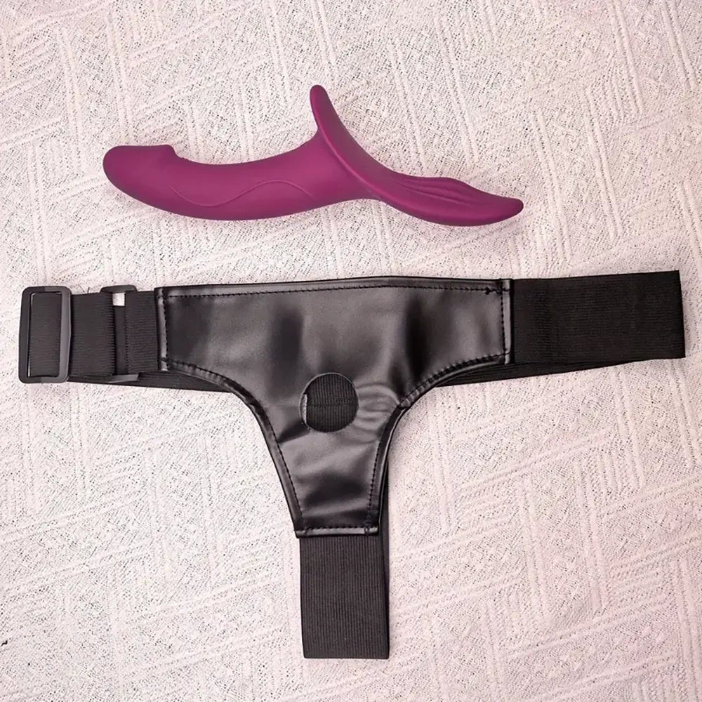 Purple dual-arm strap-on dildo