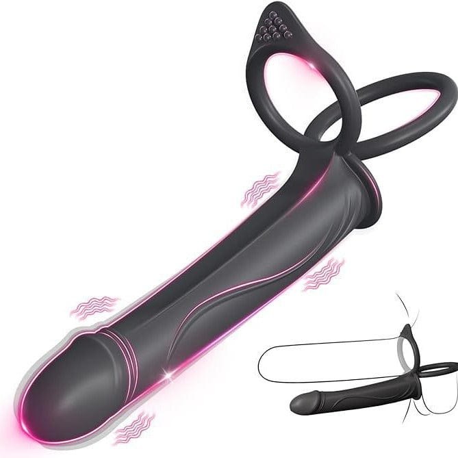 Black liquid silicone vibrating strap-on dildo with dual cock rings, photo 1