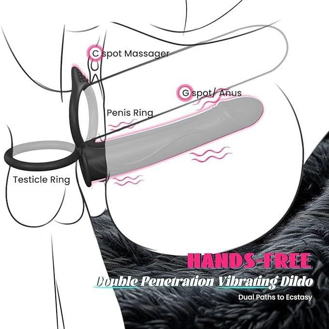 Black liquid silicone vibrating strap-on dildo with dual cock rings, photo 2