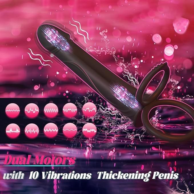 Black liquid silicone vibrating strap-on dildo with dual cock rings, photo 4