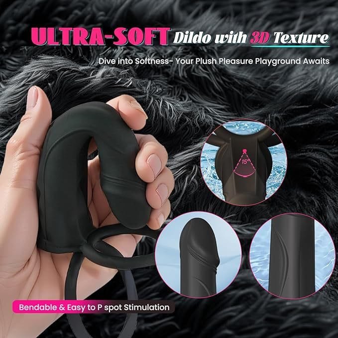 Black liquid silicone vibrating strap-on dildo with dual cock rings, photo 5