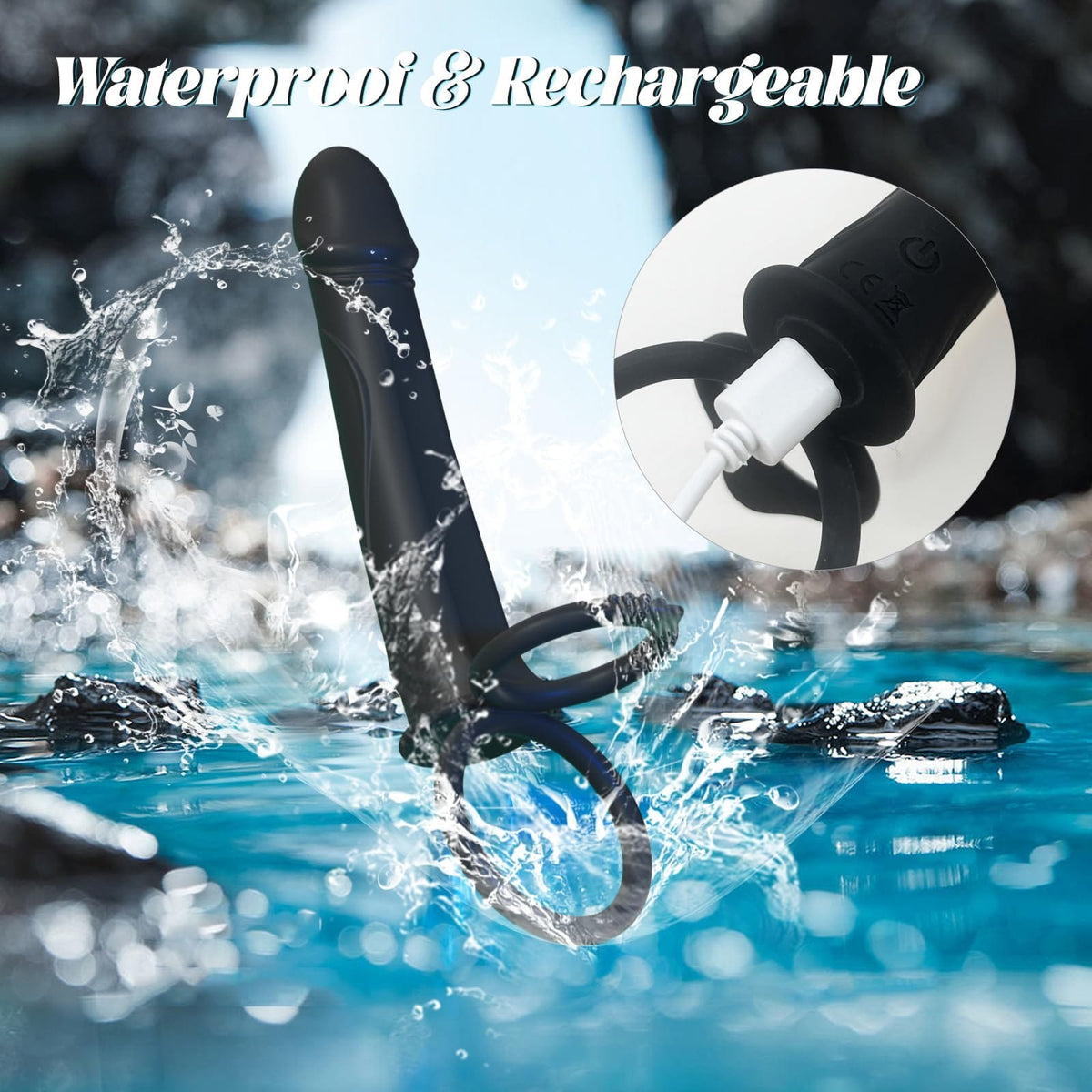 Black liquid silicone vibrating strap-on dildo with dual cock rings, photo 6