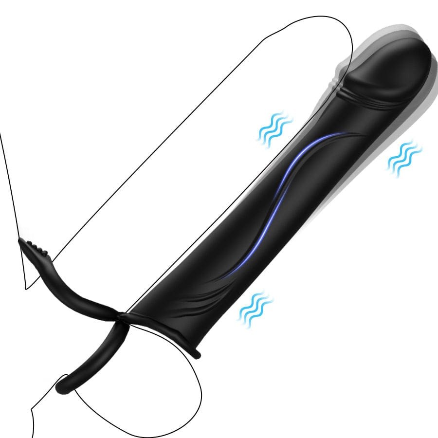 Black liquid silicone vibrating strap-on dildo with dual cock rings, photo 9