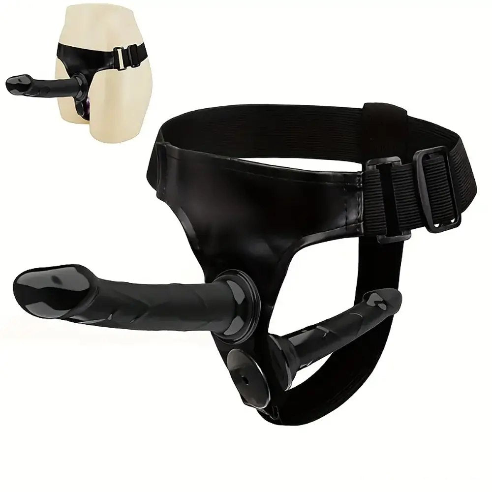 Black wearable pvc dual dildo panty harness