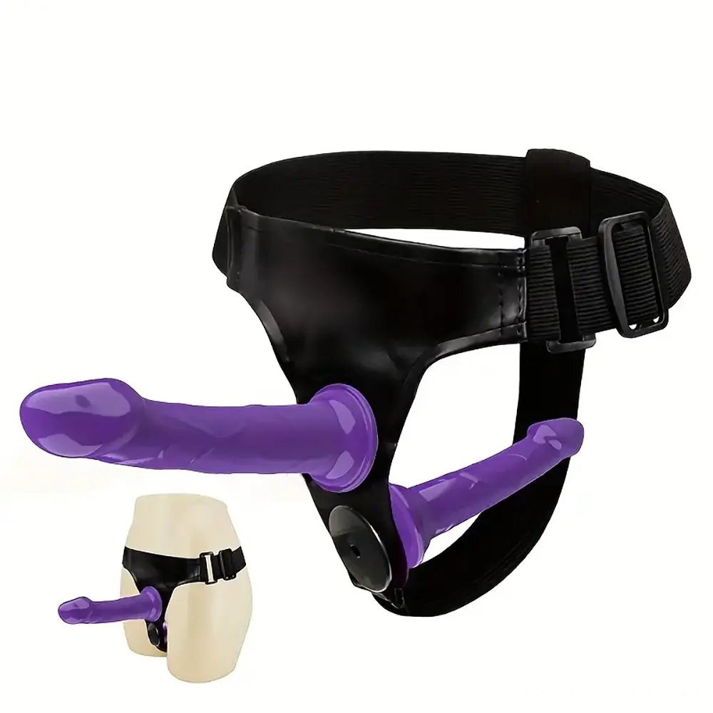 Purple wearable pvc dual dildo panty harness