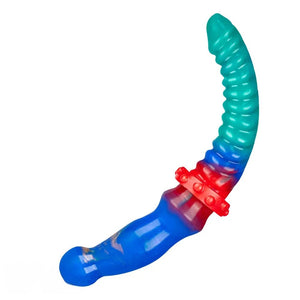 Teal and blue ribbed double-ended silicone dildo, photo 1