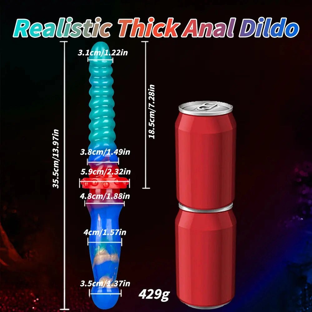 Teal and blue ribbed double-ended silicone dildo, photo 10