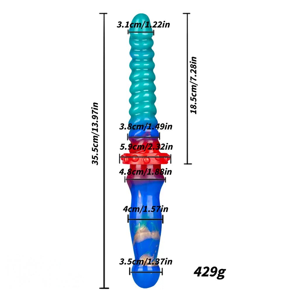 Teal and blue ribbed double-ended silicone dildo, photo 11