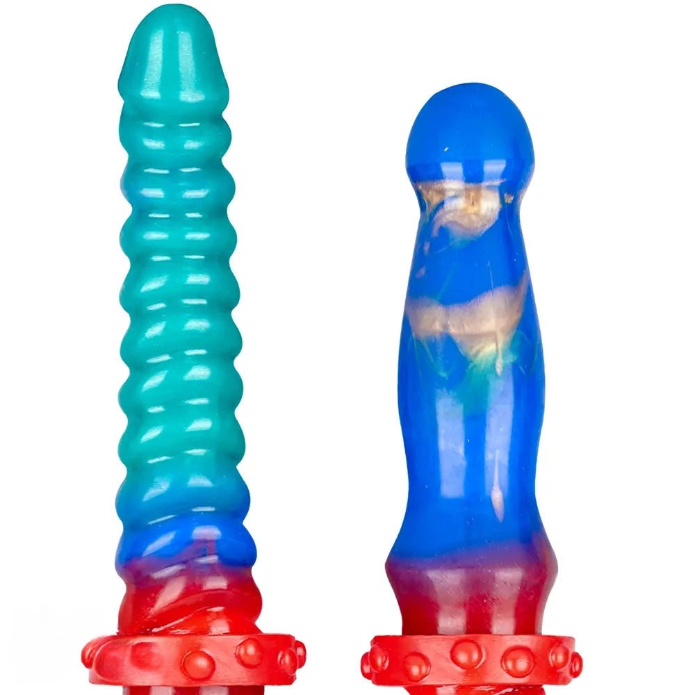 Teal and blue ribbed double-ended silicone dildo, photo 2