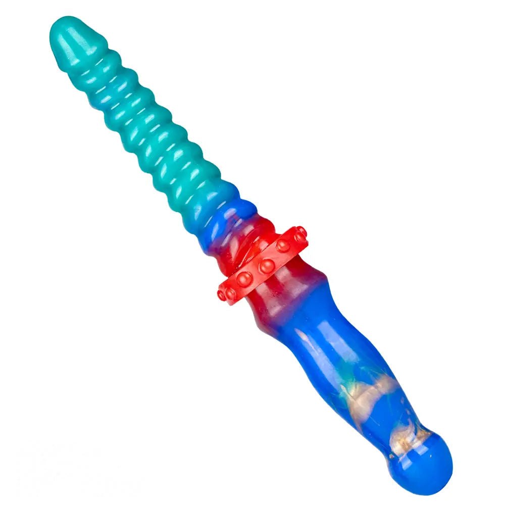 Teal and blue ribbed double-ended silicone dildo, photo 3