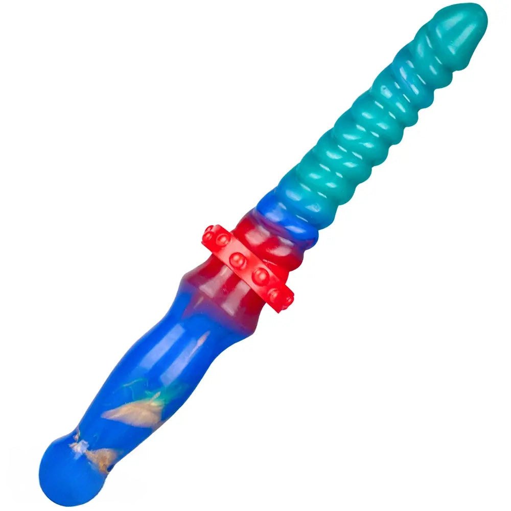 Teal and blue ribbed double-ended silicone dildo, photo 4