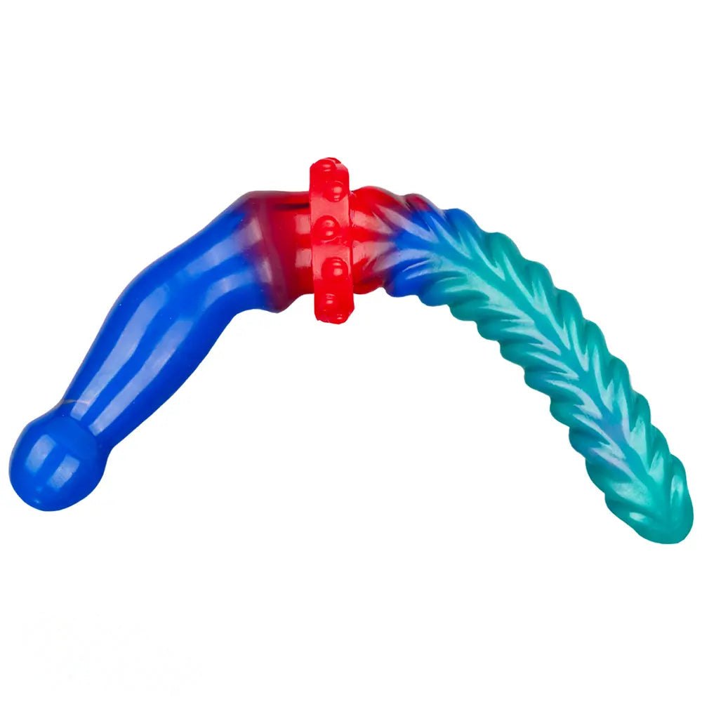 Teal and blue ribbed double-ended silicone dildo, photo 5
