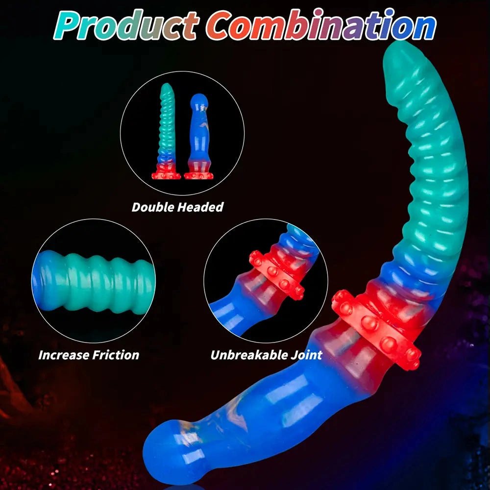 Teal and blue ribbed double-ended silicone dildo, photo 6