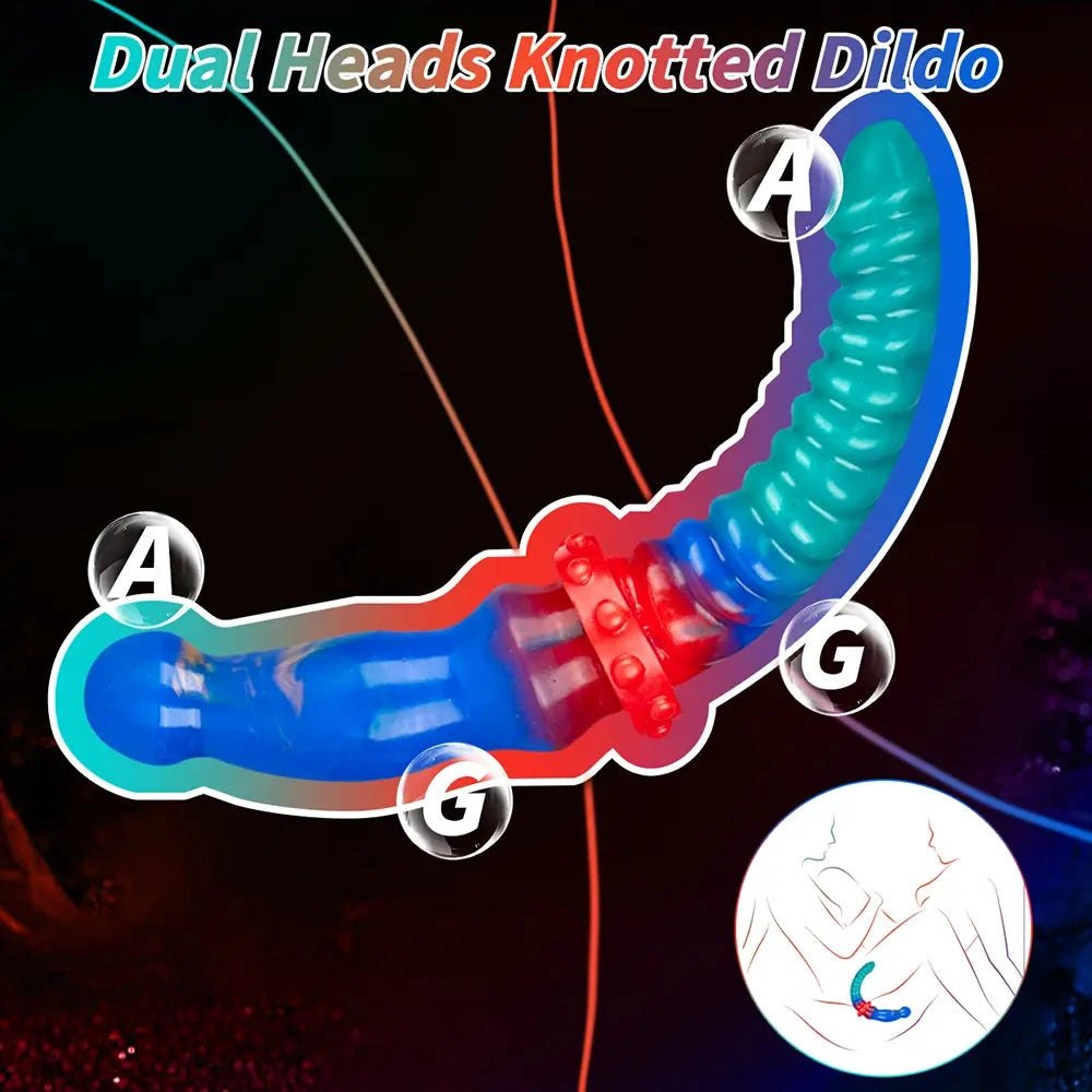 Teal and blue ribbed double-ended silicone dildo, photo 7