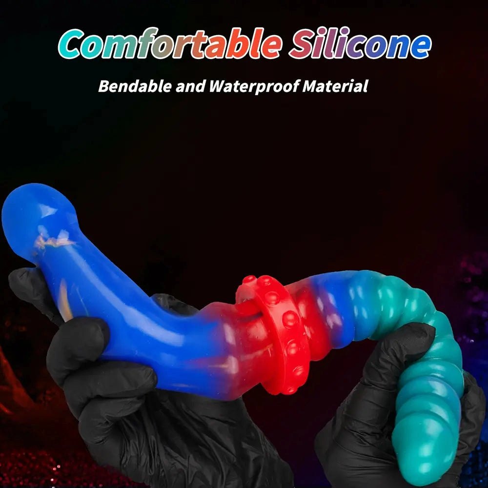 Teal and blue ribbed double-ended silicone dildo, photo 8
