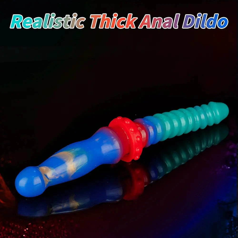 Teal and blue ribbed double-ended silicone dildo, photo 9