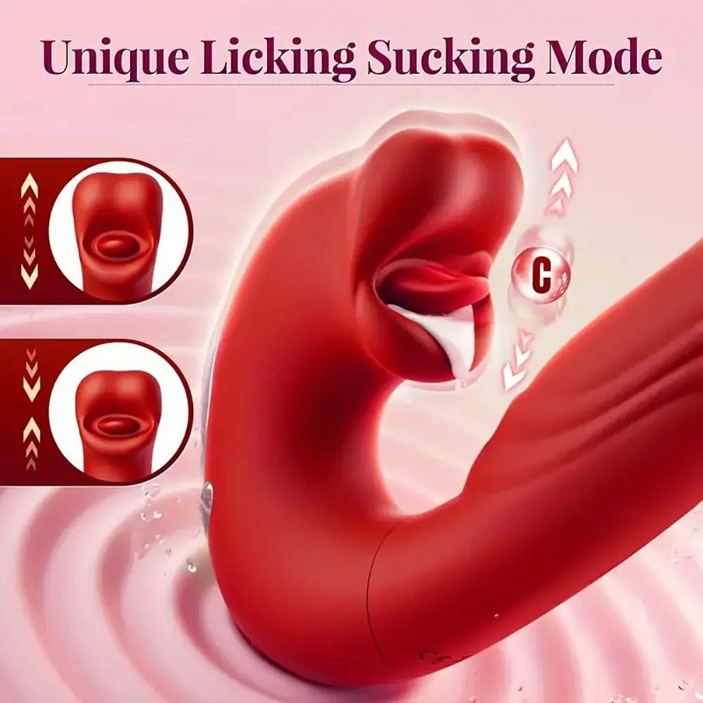 Red dual-head thrusting licking silicone dildo