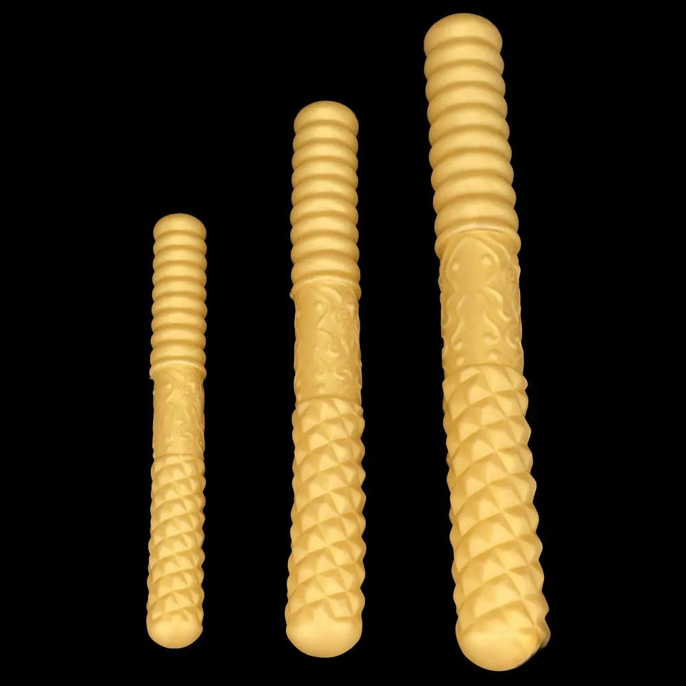 Gold ribbed double ended handheld dildo, photo 1