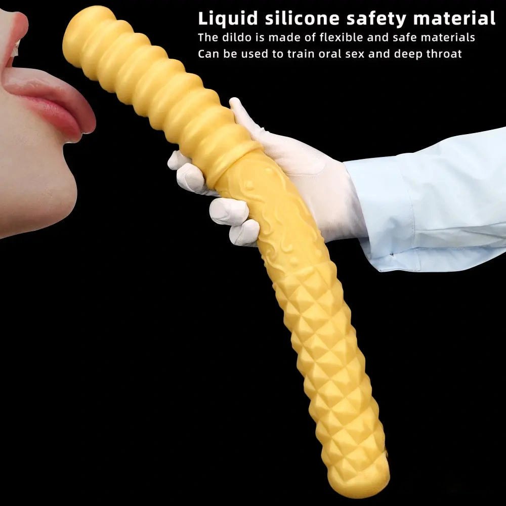 Gold ribbed double ended handheld dildo, photo 3