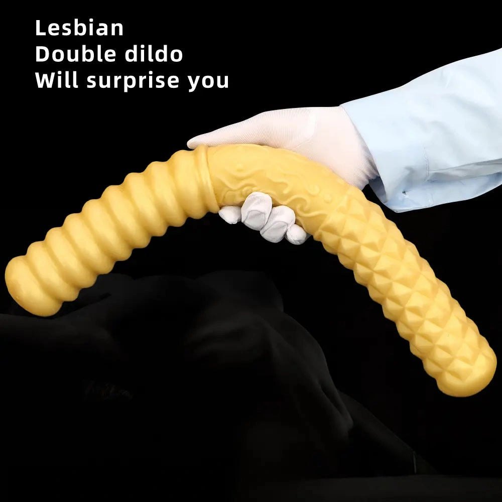 Gold ribbed double ended handheld dildo, photo 4