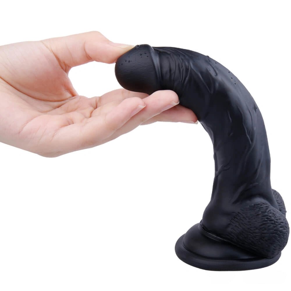 Black realistic silicone suction cup dildo with veins