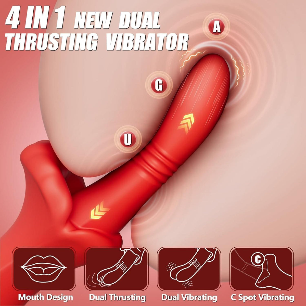 Red silicone rabbit vibrator with lip clitoral arm, photo 2