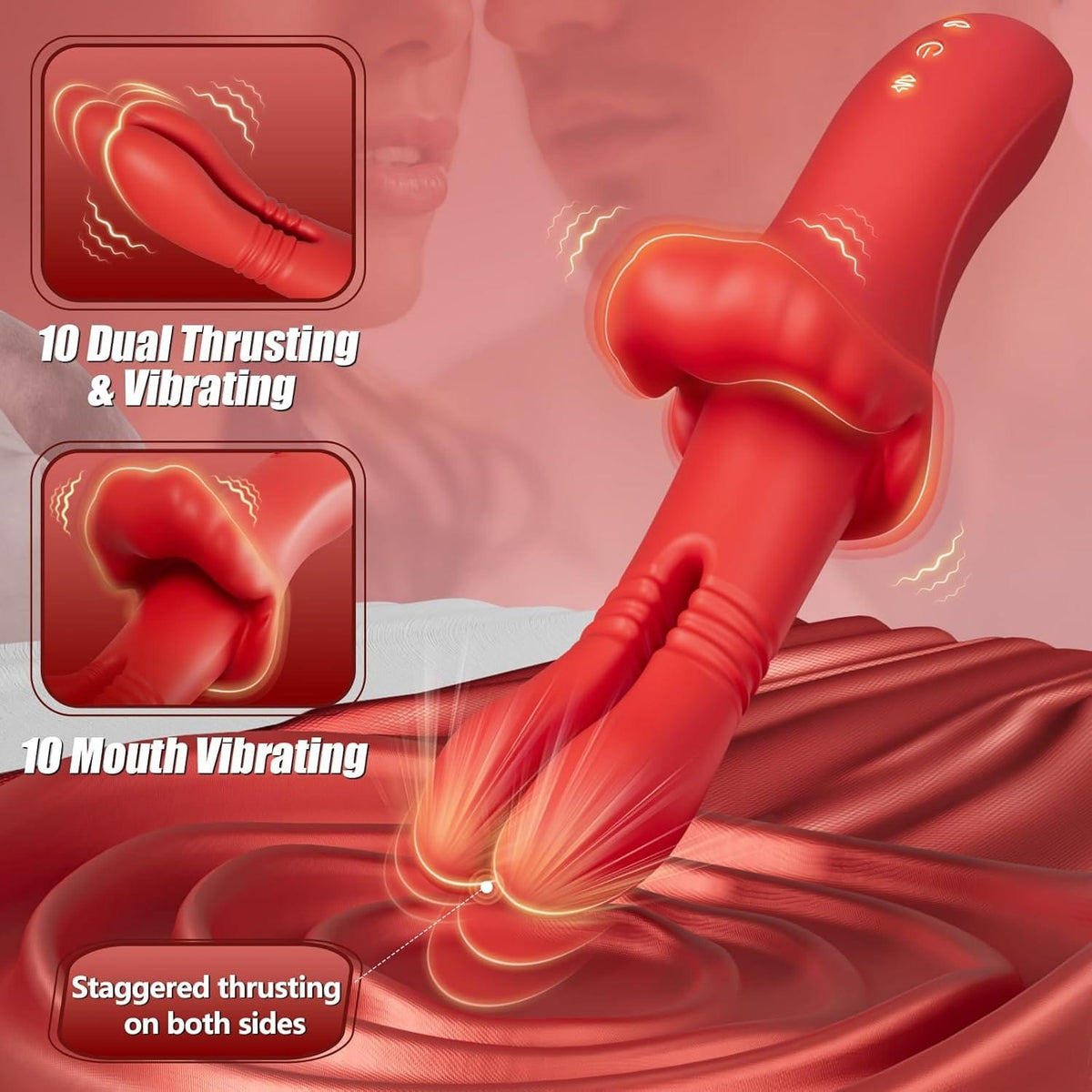 Red silicone rabbit vibrator with lip clitoral arm, photo 3