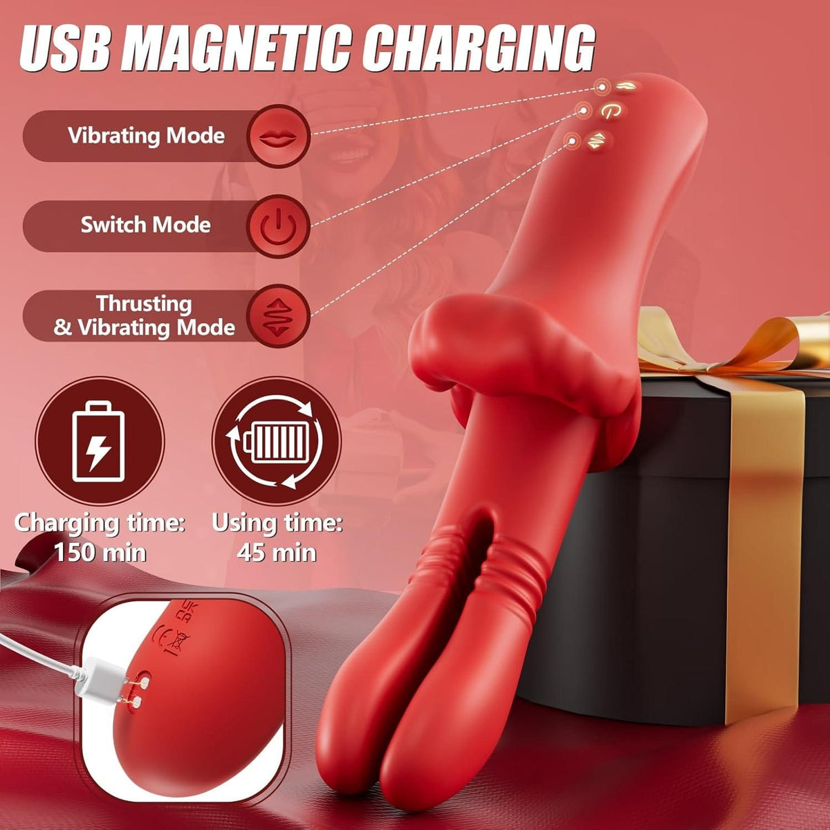 Red silicone rabbit vibrator with lip clitoral arm, photo 6