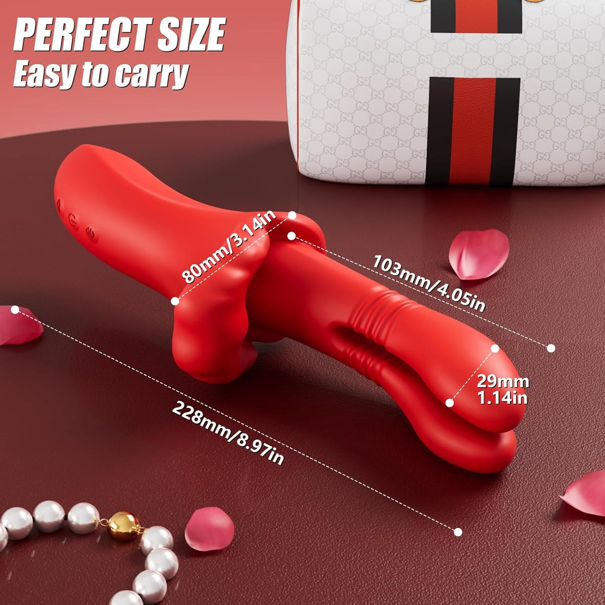Red silicone rabbit vibrator with lip clitoral arm, photo 7