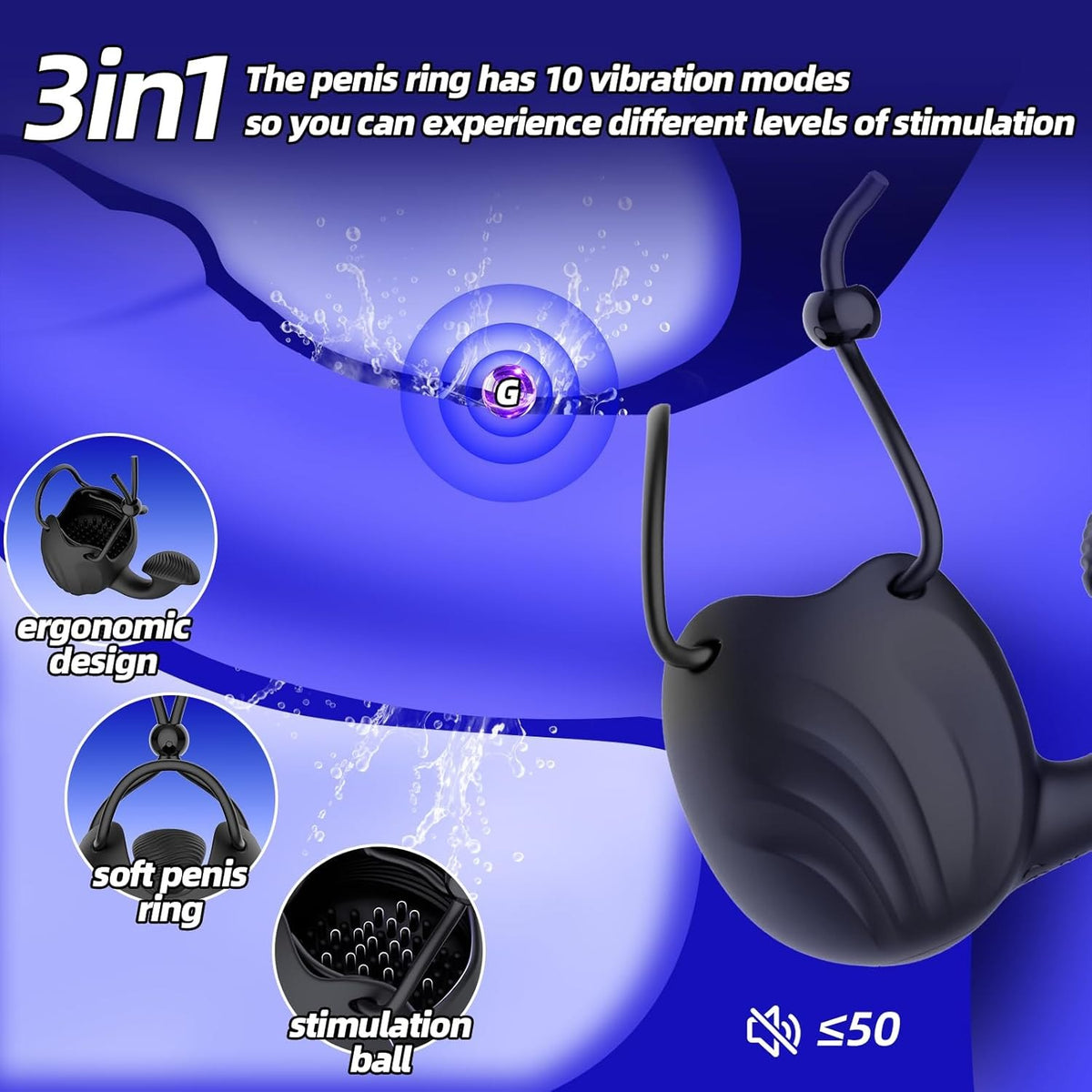 Black 3-in-1 vibrating cock ring, photo 3