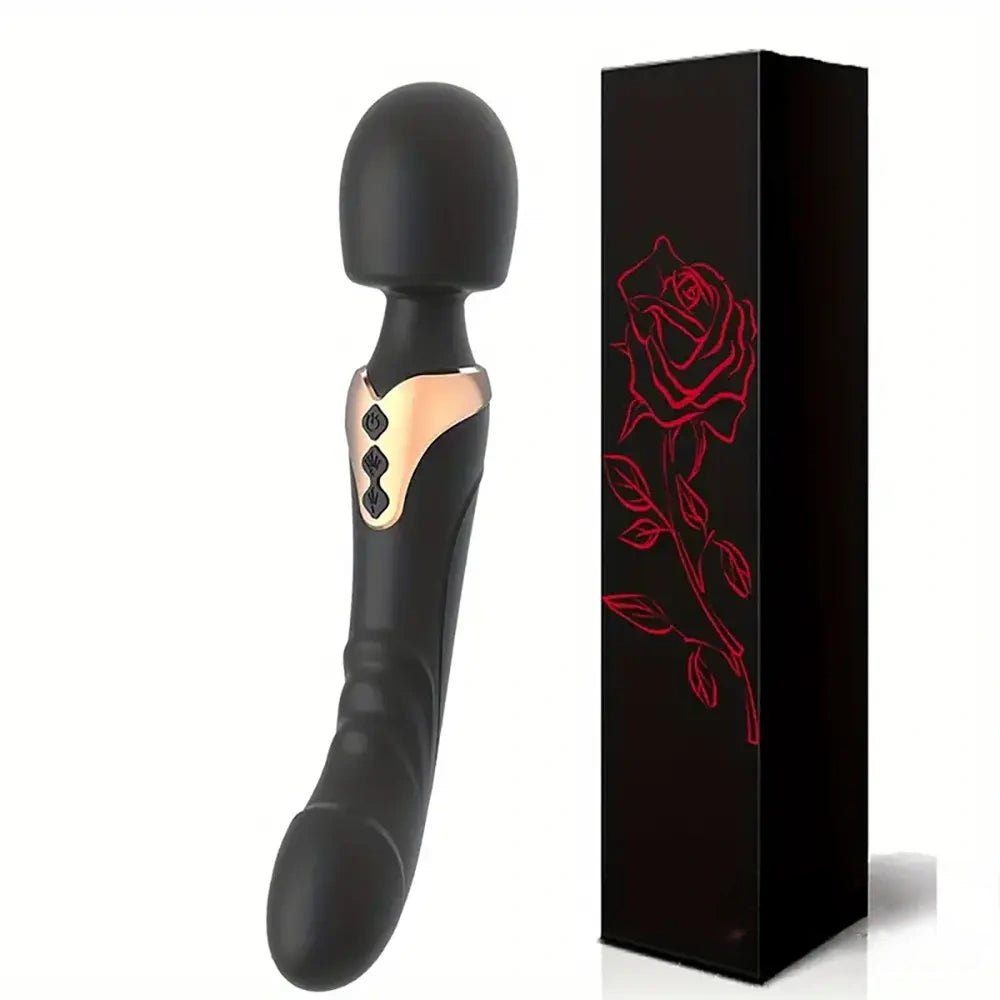 Black silicone dual motor wand massager with curved tip